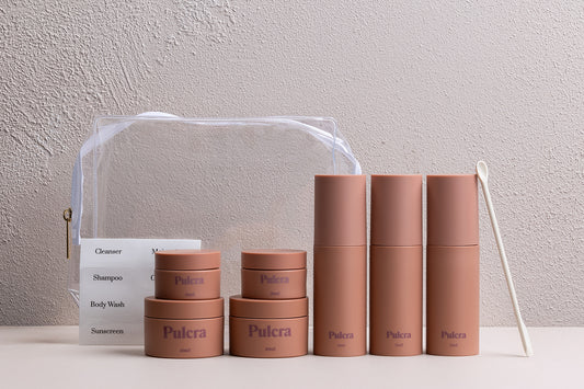 Carry on approved refillable travel containers. Checked luggage refillable travel set for beauty products. Refillable travel set in chocolate. Refillable travel set for suitcase or luggage.