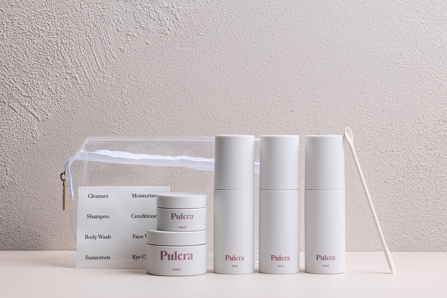 Premium refillable travel set. TSA approved refillable travel containers for cosmetics and beauty products. Leak-proof reusable travel set with refillable bottles. 