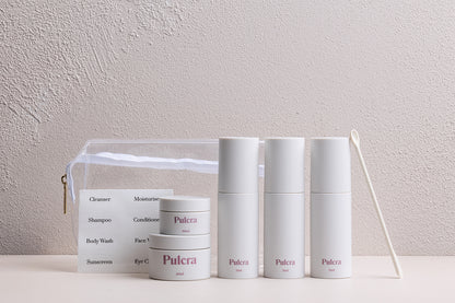 Premium refillable travel set. TSA approved refillable travel containers for cosmetics and beauty products. Leak-proof reusable travel set with refillable bottles. 