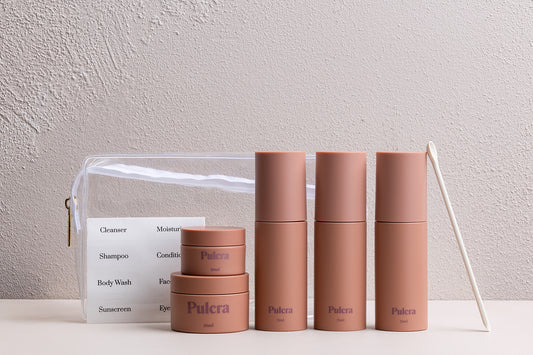 Premium refillable travel set carry-on approved bottles and jars. TSA approved reusable travel containers for cosmetics and beauty products. Leak-proof reusable design. Refillable Travel Set in Chocolate. 