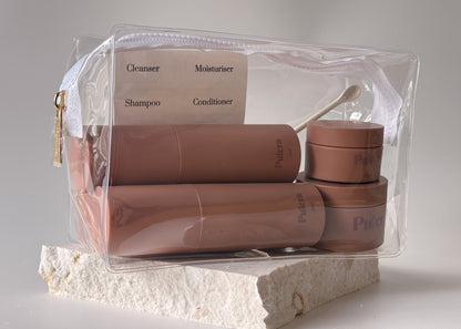 Premium refillable travel set carry-on approved bottles and jars. TSA approved reusable travel containers for cosmetics and beauty products. Leak-proof reusable design. Refillable Travel Set in Chocolate. 