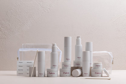 Premium refillable travel set bundle in milk, carry-on approved bottles and jars. TSA approved refillable travel containers for beauty and cosmetic products.